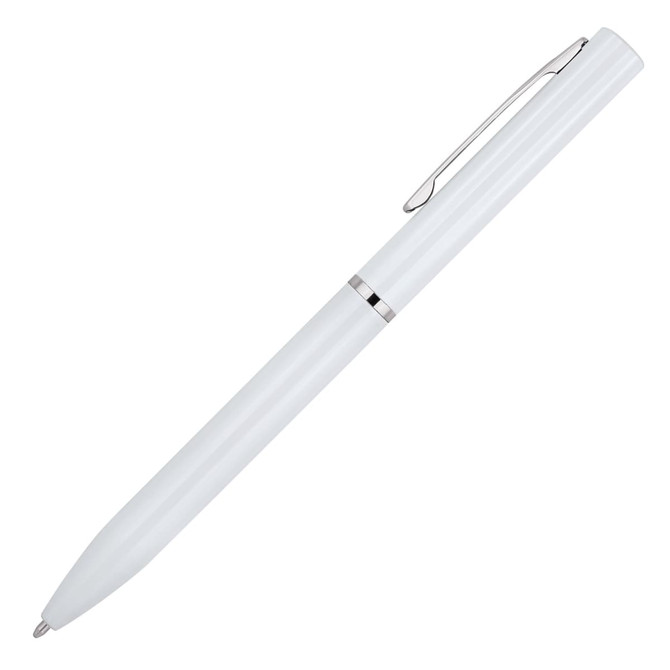 A white ballpoint pen with a silver clip and trim, featuring a sleek and modern design.
