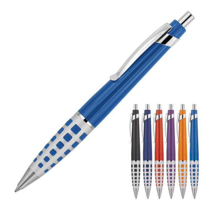 A ballpoint pen in blue with silver accents and a textured grip, surrounded by other coloured variants in a display.