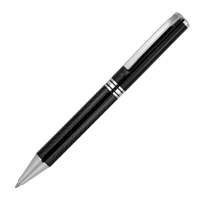 A black ballpoint pen with a carbon fibre body and silver accents, featuring a clip and a sleek design.