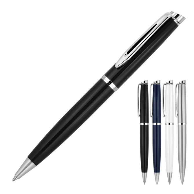 A ballpoint pen with chrome trim, available in black, navy, silver, and white. Includes a logo.