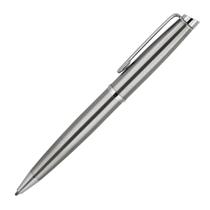 A silver ballpoint pen with chrome trim and a sleek, polished finish, featuring a clip for easy attachment.