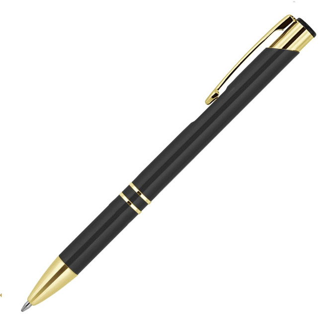 A black ballpoint pen with gold trim, featuring a sleek design and a clip for easy attachment.