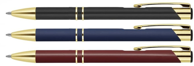 Three ballpoint pens with gold trim in black, blue, and burgundy colours. Each pen features a sleek design and a logo.