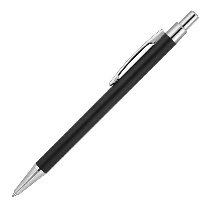 A black matte ballpoint pen with a silver clip and tip, featuring a branding logo. A black matte ballpoint pen with a silver clip and tip, featuring a branding logo.