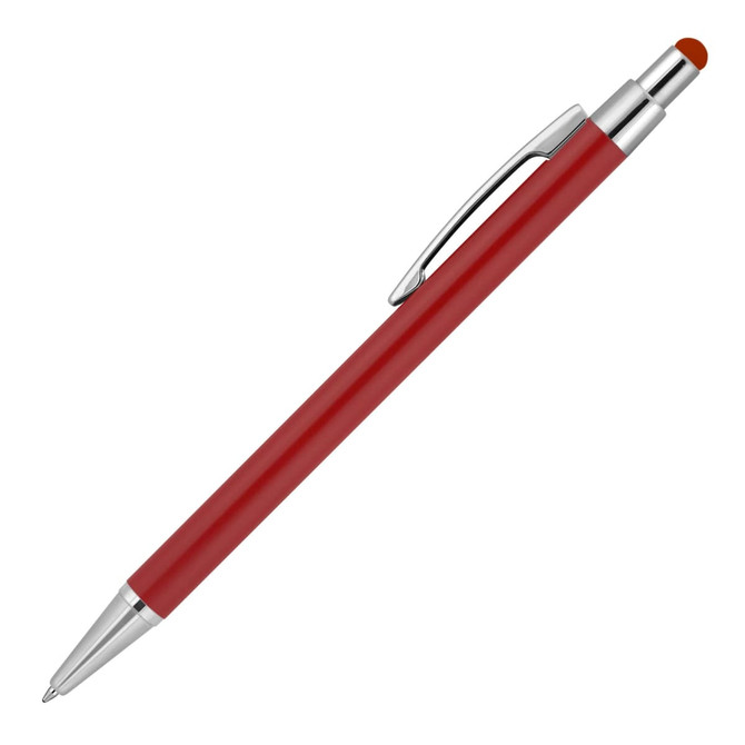 A ballpoint pen with a matte red finish and silver accents, featuring a stylus tip and a clip. A ballpoint pen with a matte red finish and silver accents, featuring a stylus tip and a clip.