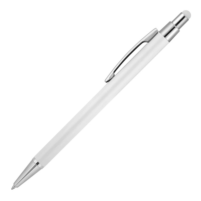 A metal ballpoint pen with a matte white finish and chrome accents, featuring a stylus tip and a clip. A metal ballpoint pen with a matte white finish and chrome accents, featuring a stylus tip and a clip.