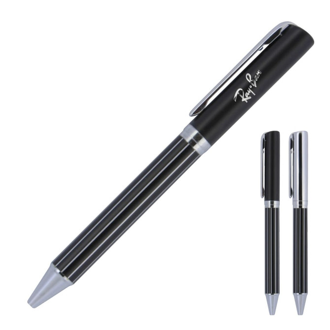 A ballpoint pen in black with silver accents and a branding logo. It features a sleek, elegant design.