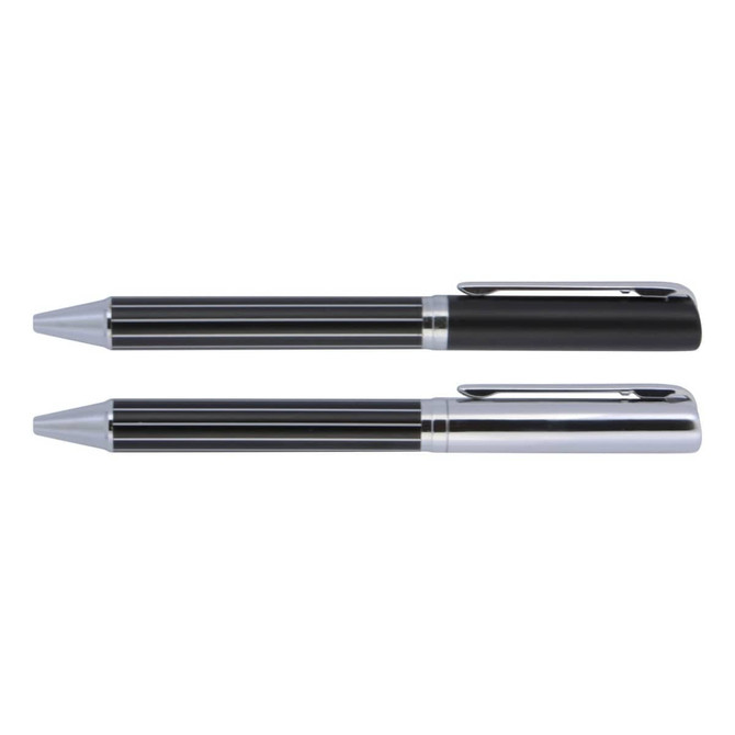 A metal ballpoint pen set in black and silver, featuring a sleek design and a logo on the barrel.
