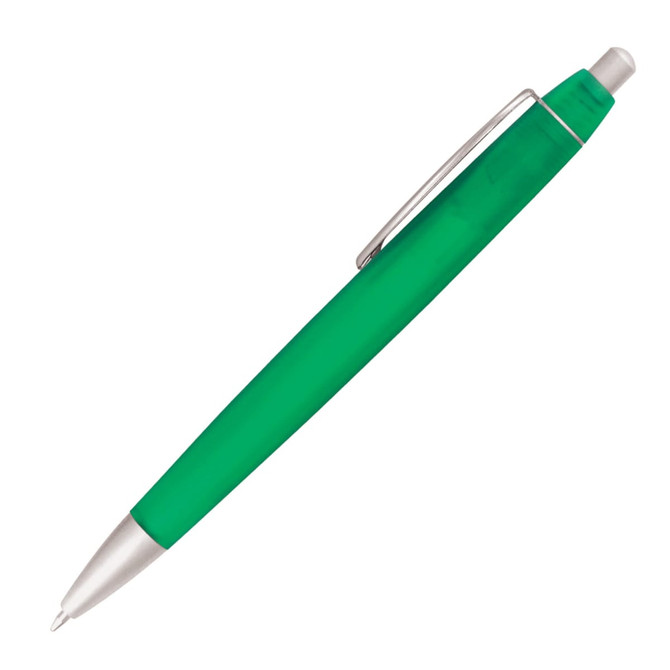 A green ballpoint pen with a silver clip and tip, featuring a smooth design and a glossy finish.