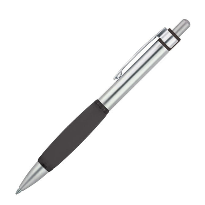 A silver and black ballpoint pen with a textured grip and a clip. It features a sleek, modern design.