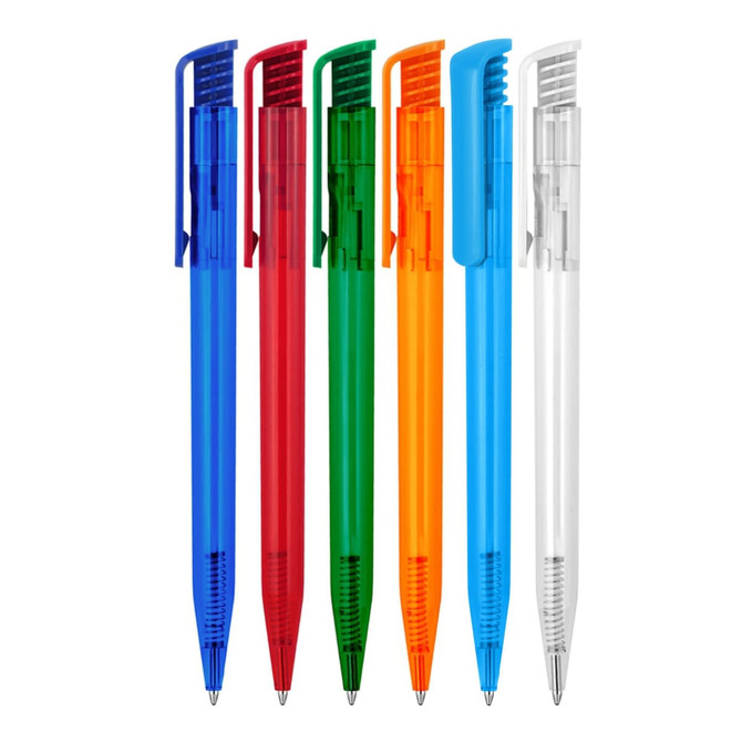 A set of six transparent ballpoint pens in blue, red, green, orange, and white, featuring clip designs.