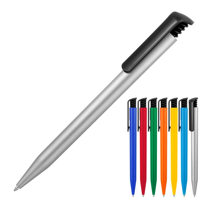 A ballpoint pen with a gloss black clip, available in eight colours: red, green, blue, yellow, orange, and more.