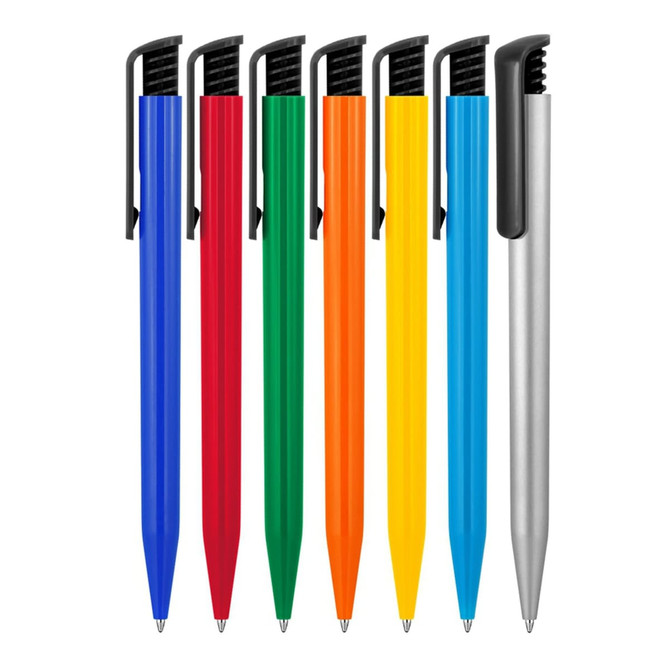 A set of seven ballpoint pens in red, green, blue, yellow, orange, and silver with black clips and glossy finishes.