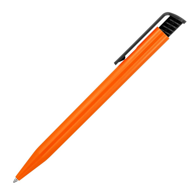An orange ballpoint pen with a black clip and textured grip. It features a sleek design and a logo.
