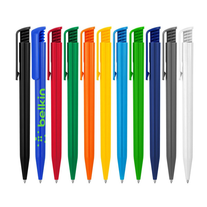 A collection of ballpoint pens in various gloss colours: black, blue, red, orange, yellow, green, light blue, grey, and white, with branding.