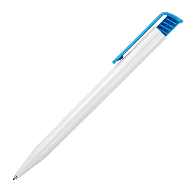 A ballpoint pen in gloss white with a blue clip and grip section. Features a logo on the barrel.