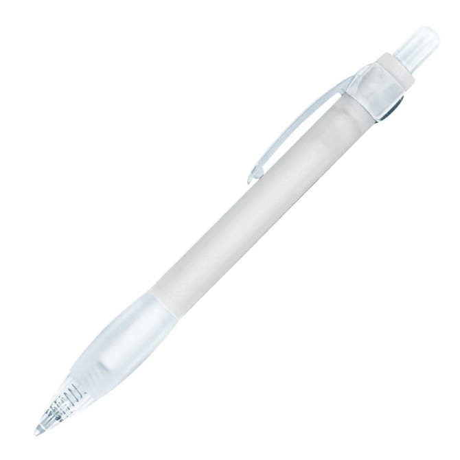 A plastic ballpoint pen in white with a clear cap and clip, featuring a logo on the body.