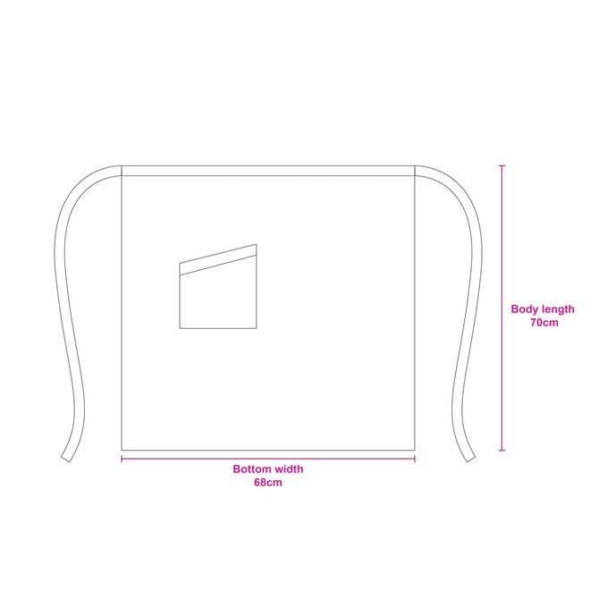 A white design outline of a polyester canvas half apron, featuring a pocket and adjustable ties.