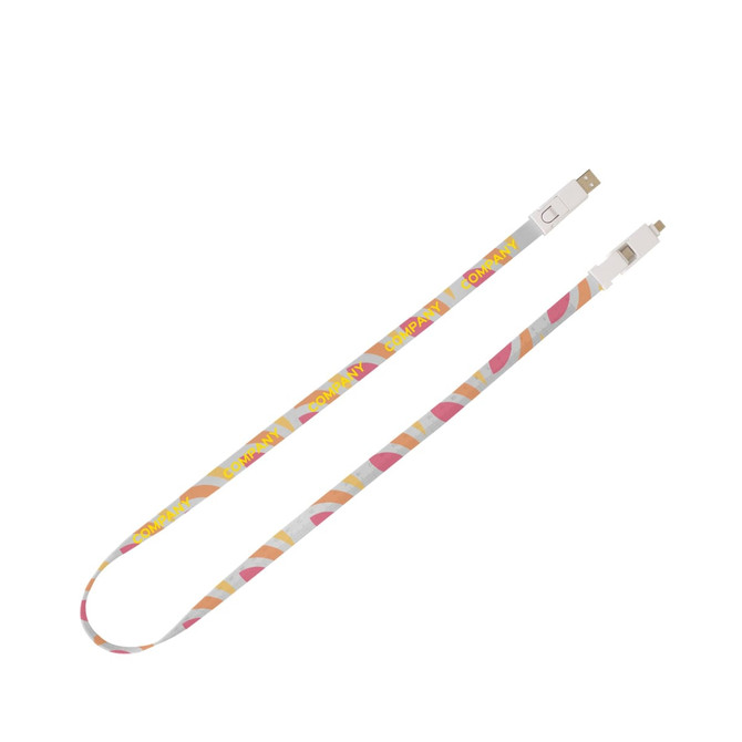 A 6 in 1 polyester lanyard charging cable in grey, pink, and yellow with connectors on both ends and branding.