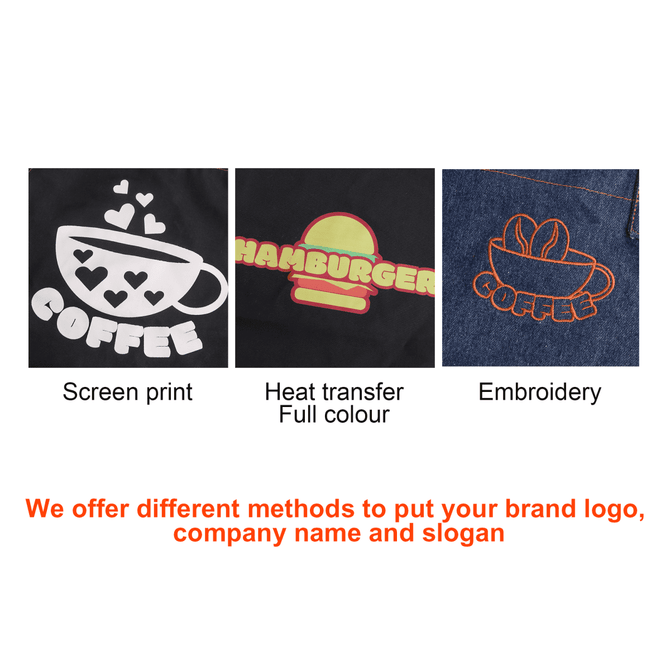 A denim full bib apron with neck strap, featuring a logo and multiple print options in vibrant colours.