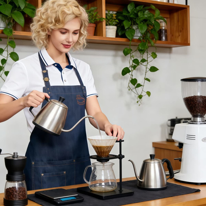 A woman in a navy poly-cotton denim full bib apron with neck strap brews coffee using a kettle and pour-over setup.