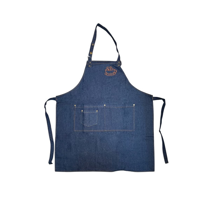 A denim blue full bib apron with a neck strap and front pockets, featuring a logo on the chest area.