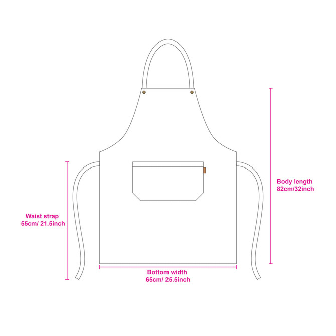 A white poly-cotton canvas bib apron with a colour neck strap, featuring a front pocket and various measurements indicated.