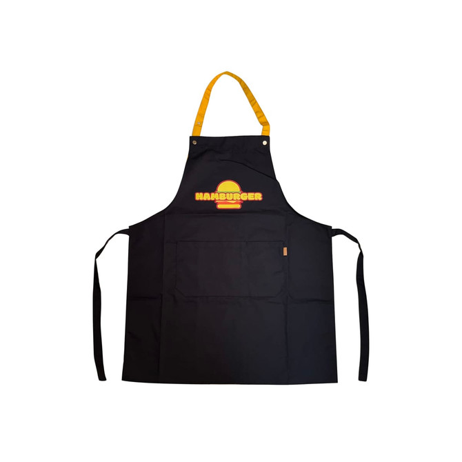 A black poly-cotton canvas apron with a yellow neck strap and a logo. Features pockets for convenience.