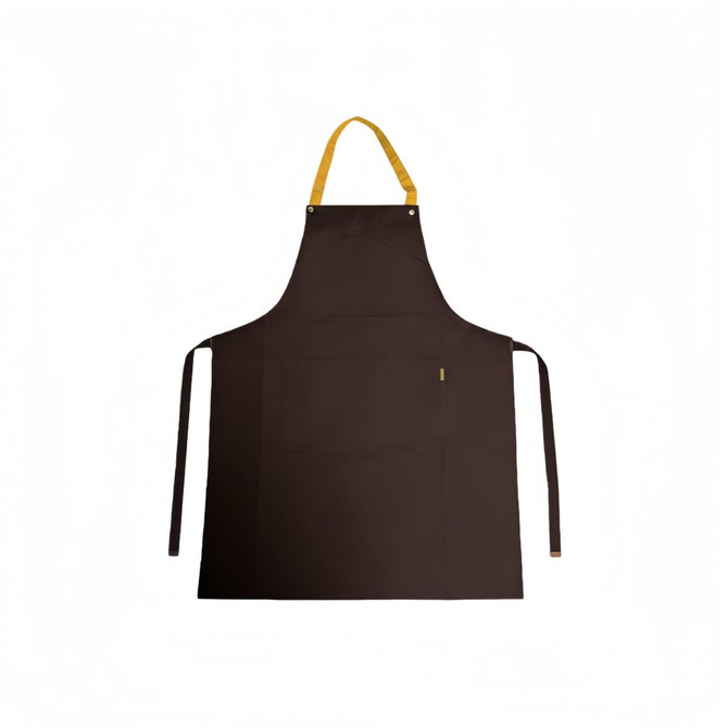 A brown poly-cotton canvas full bib apron with a yellow neck strap and ties, featuring a pocket and a logo.
