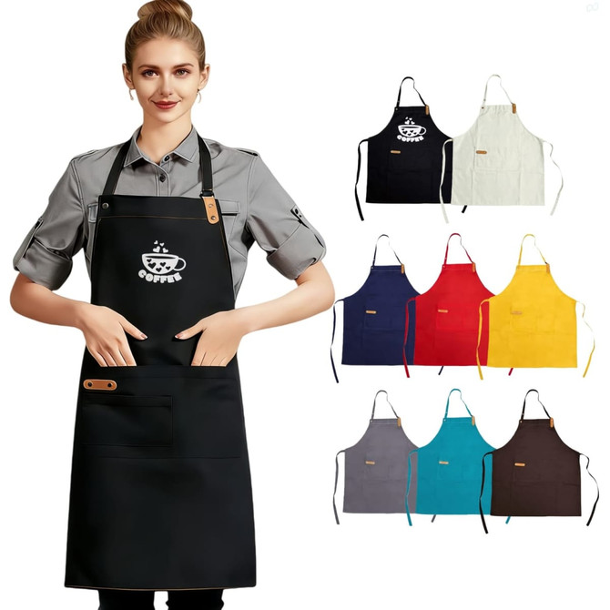 A woman wearing a black poly-cotton canvas bib apron, with various coloured aprons displayed behind her.