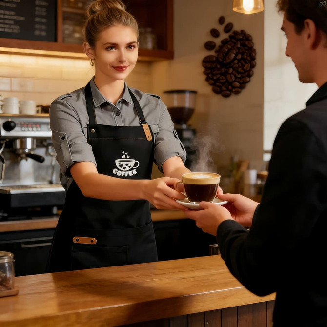A black poly-cotton canvas full bib apron with a logo, worn by a barista in a coffee shop setting.