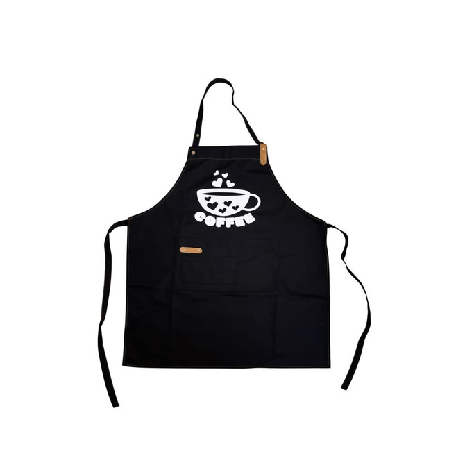 A black poly-cotton canvas full bib apron with a neck strap, featuring a coffee cup design and a logo.