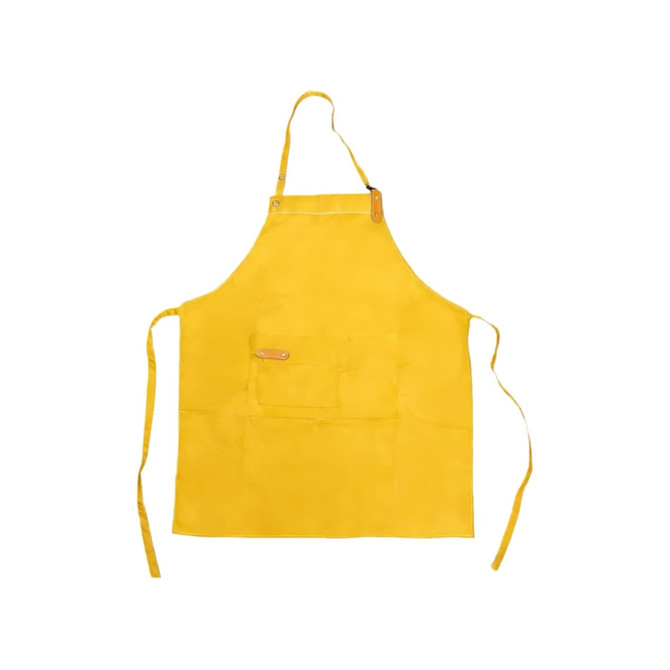 A yellow poly-cotton canvas bib apron with a neck strap and a front pocket. It features a logo.