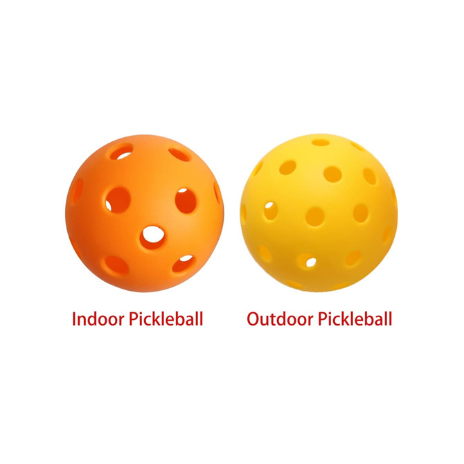 An orange indoor pickleball and a yellow outdoor pickleball, both featuring multiple holes, are displayed side by side.