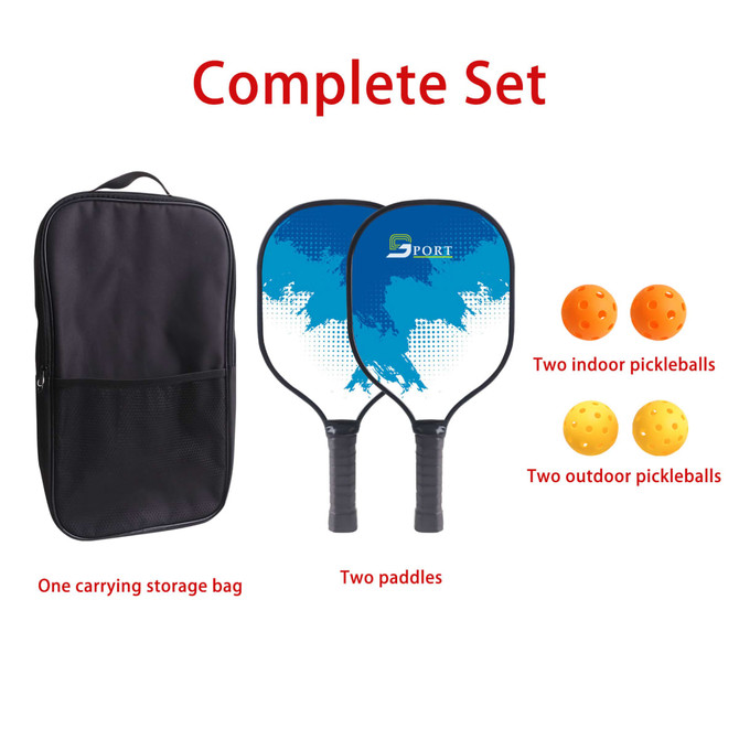 A wooden pickleball set featuring two paddles in blue and black, accompanied by a carrying bag and four pickleballs.