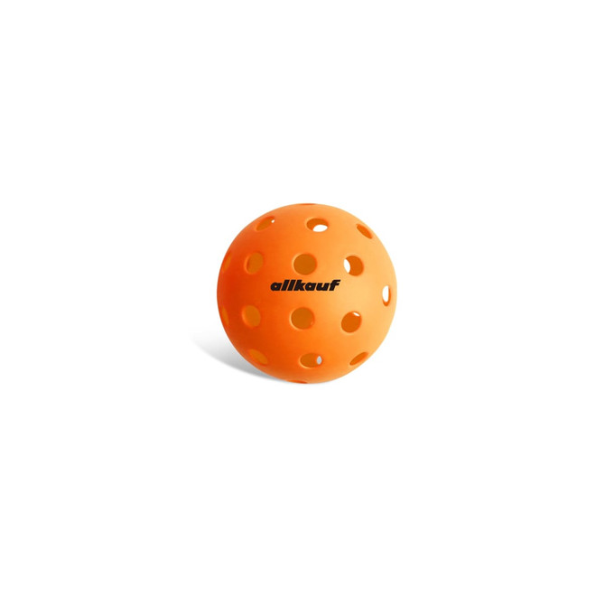 A bright orange pickleball with holes, featuring a logo on the surface.