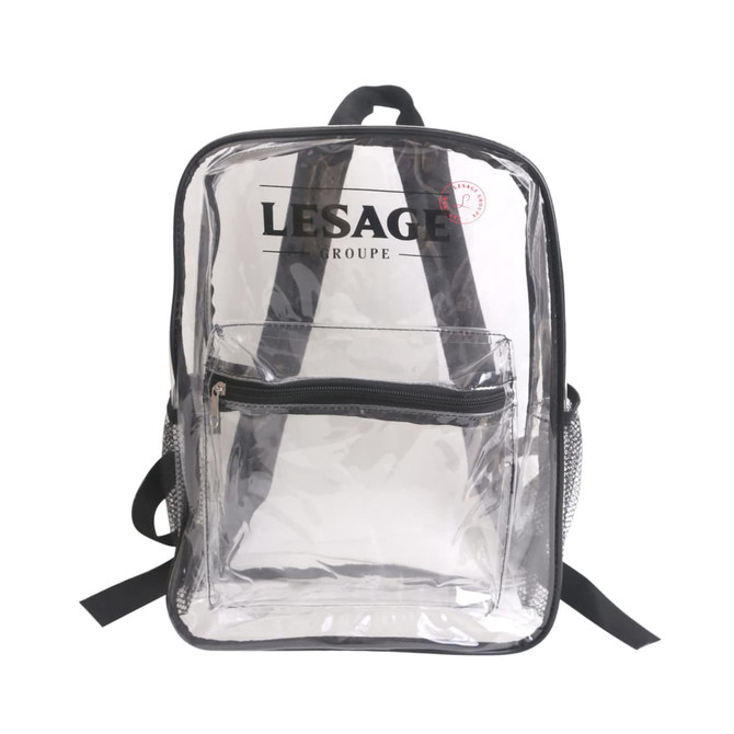 A transparent backpack with black accents and a front zip pocket, featuring adjustable straps and a branding logo.