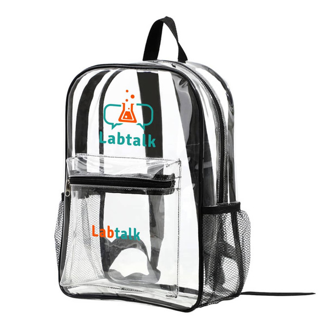 A transparent backpack with black straps and mesh side pockets, featuring a logo.