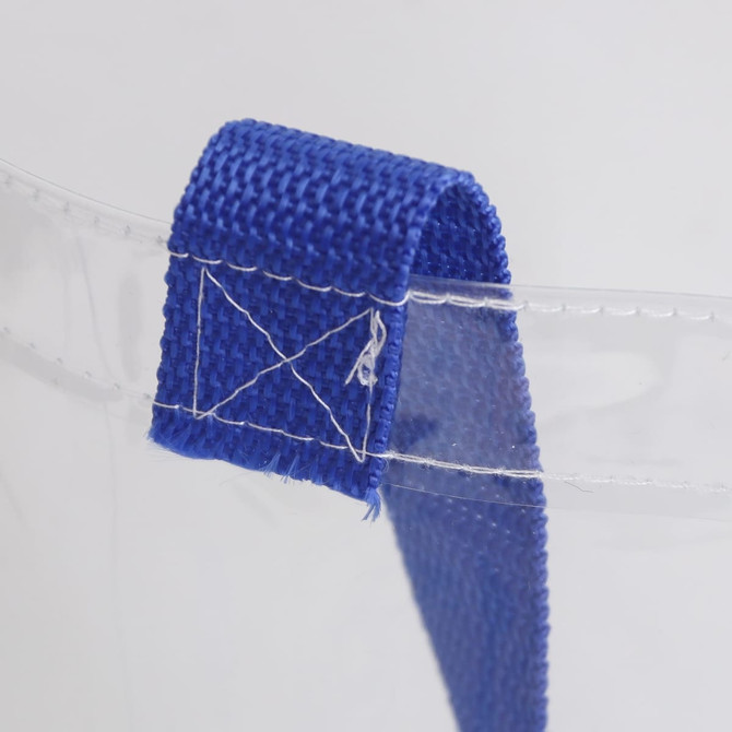 A clear tote bag with a blue fabric handle featuring stitching details.