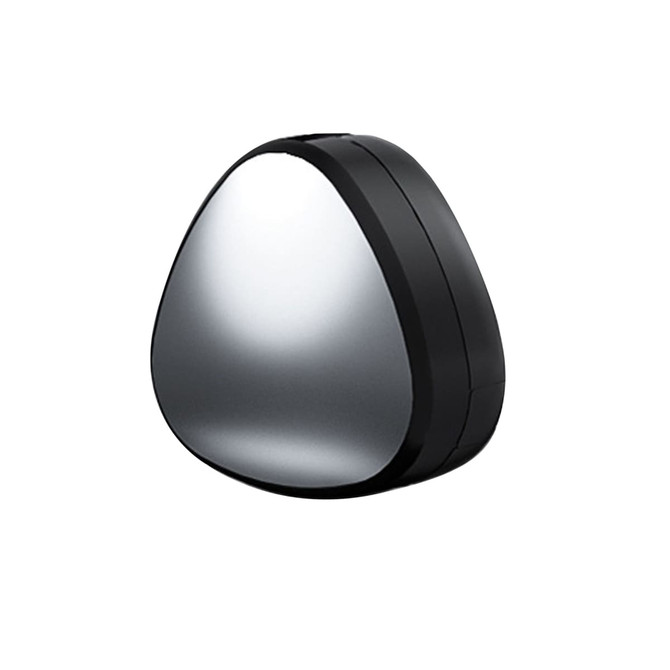 A black and silver triangular portable charging cable with a sleek, glossy finish and a small logo.