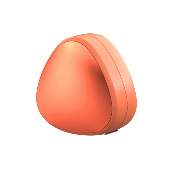 A portable charging cable in an orange, triangular design with a logo on its surface.