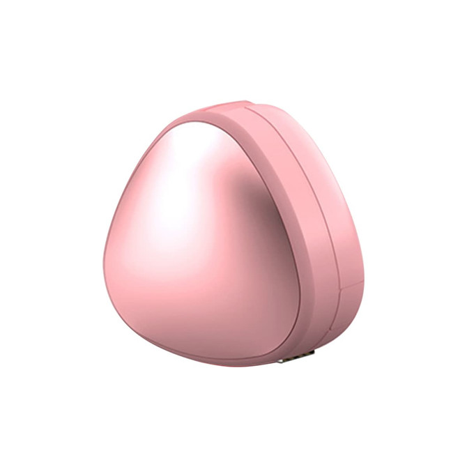 A pink, triangular-shaped retractable portable charging cable with a shiny finish and a logo on the side.