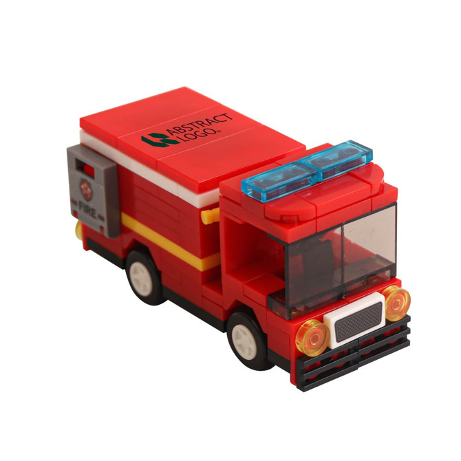 A red fire truck building block set with a blue light on top and a logo on the side.