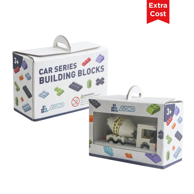 A packaging box for "Car Series Building Blocks" featuring a construction vehicle design in multiple colours.