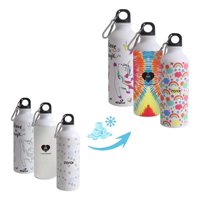 A drink bottle featuring various colourful designs, a black cap, and a metal finish. It has a logo on it.