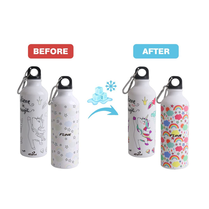 A drink bottle showing a white aluminium bottle with a unicorn design, changing colours to a vibrant rainbow pattern. Includes a logo.