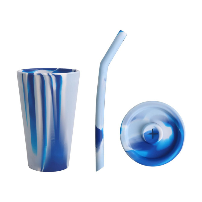 A drink bottle in blue marbled silicone, featuring a tumbler, straw, and lid with a logo. A drink bottle in blue marbled silicone, featuring a tumbler, straw, and lid with a logo.