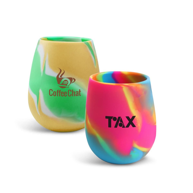 Two egg-shaped silicone cups in vibrant multi-colours, featuring logos on the surface.