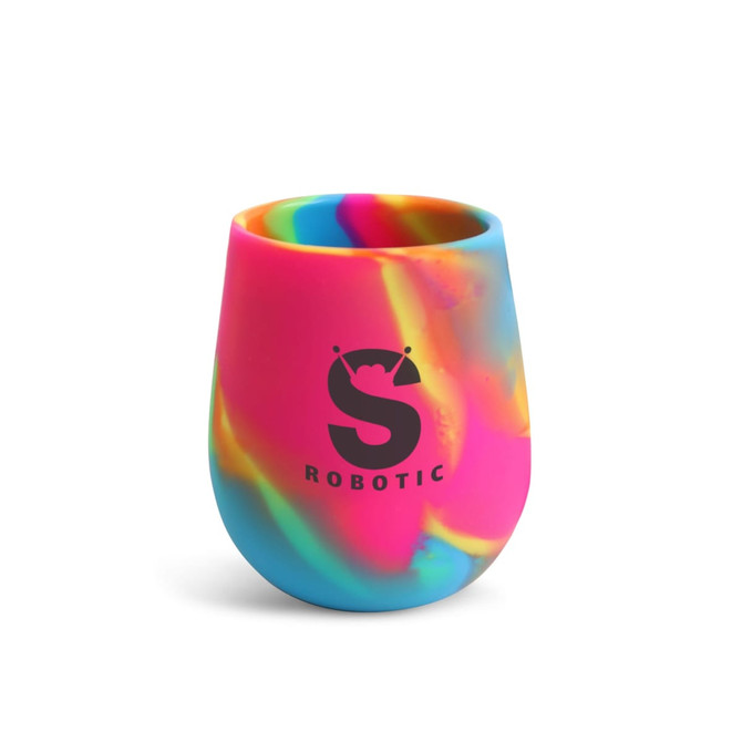 A custom egg-shaped silicone cup in vibrant pink, blue, and yellow with a logo on the side.