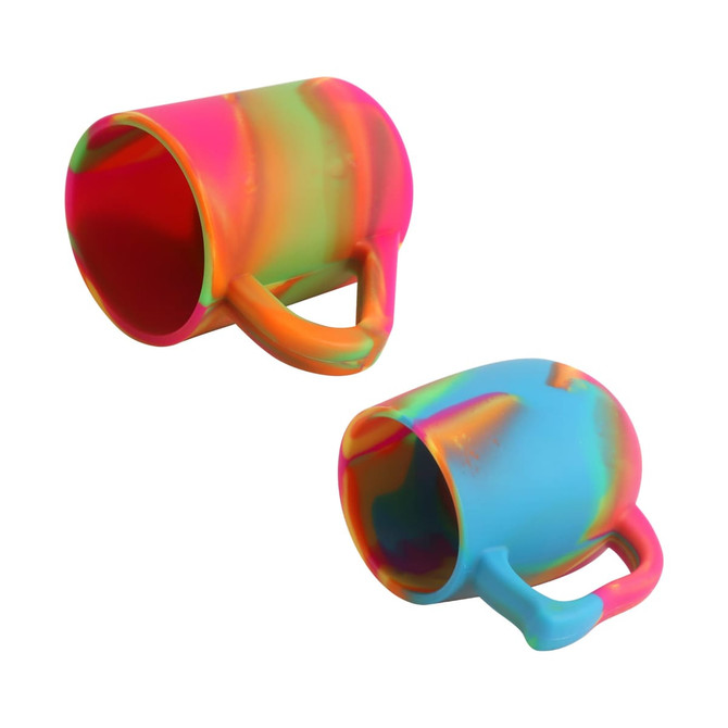 Two colourful custom silicone mugs, one in vibrant multi-colours and the other in blue, featuring a logo.